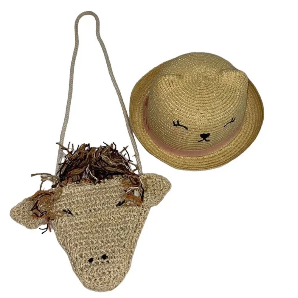Zara/H&M  Girls Beige Straw Bag & Hat(6-8yrs)